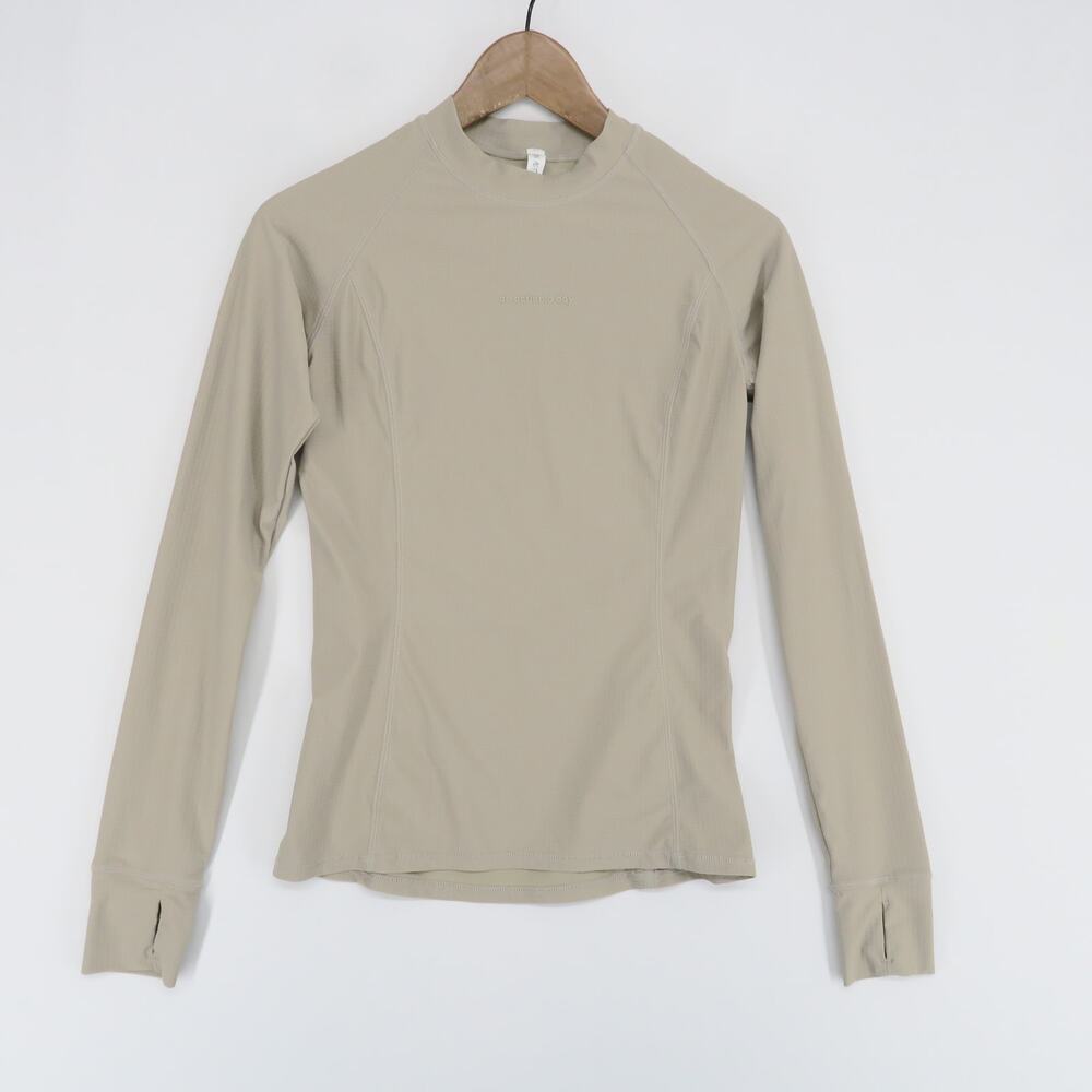 An Action A Day Activewear Shirt Womens L Beige Grid Texture Mock Neck Long